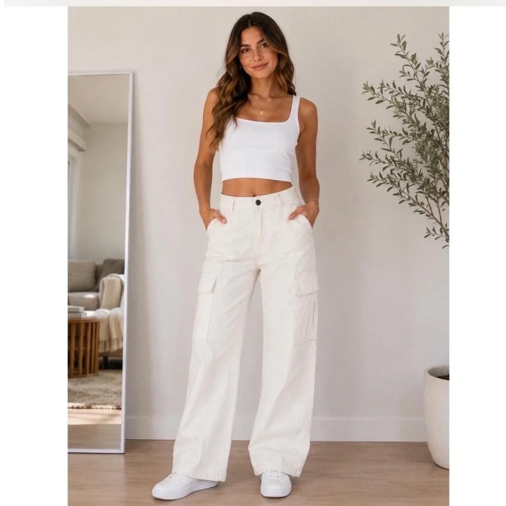 Cotton On Cargo Pants Wide Leg Cotton Off White Women Size 8 Utility Streetwear